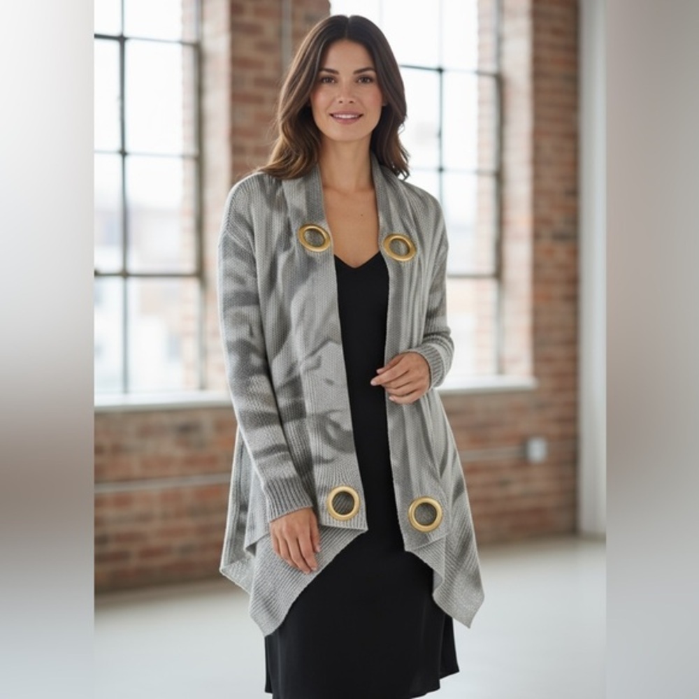 Gray Grommet Open Front Cardigan | Asymmetrical Knit Sweater Boho Style - Picture 1 of 11